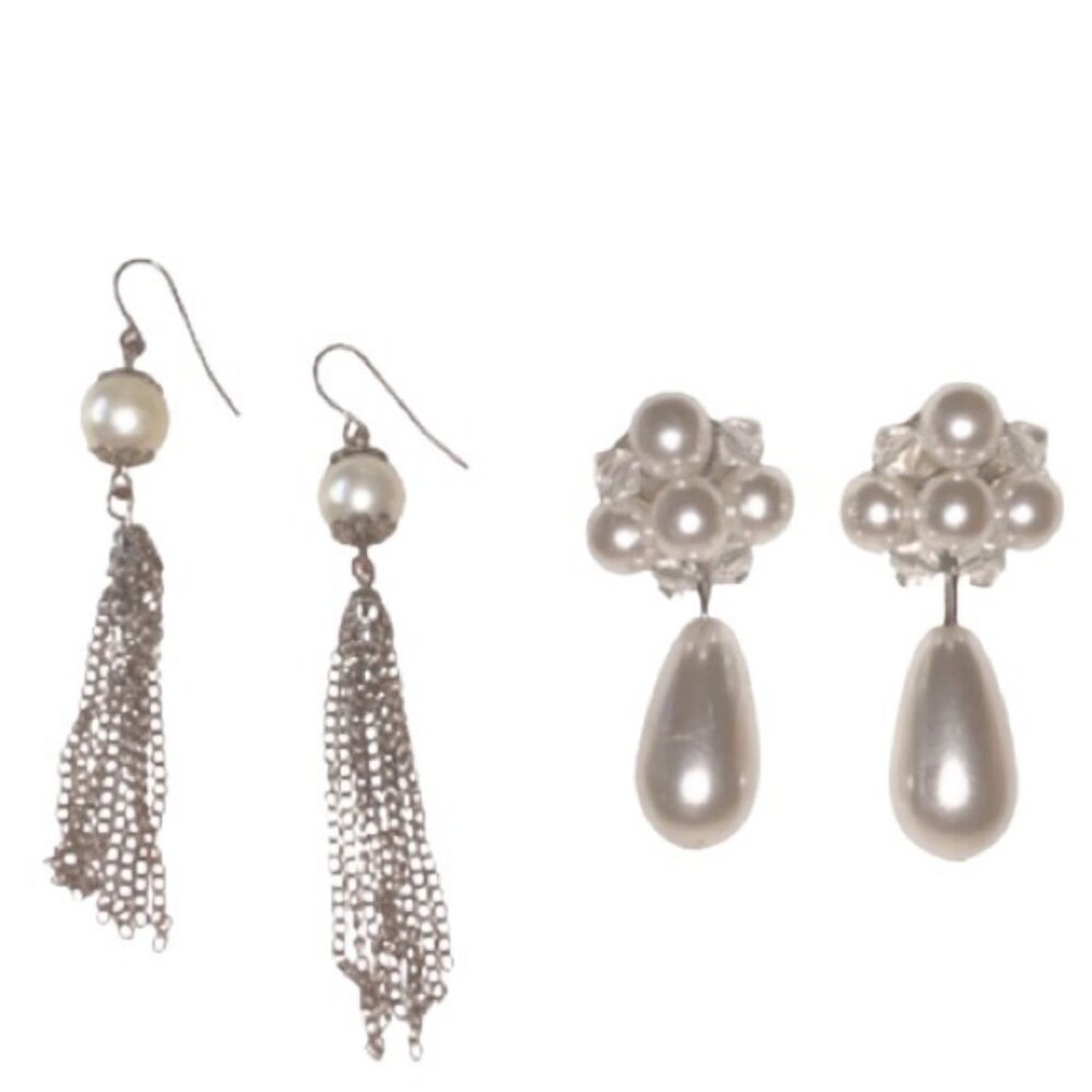Silver Tone Faux Pearl Dangle Earrings Set of 2